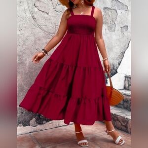NEW Boho Flowy Smocked Tiered Ruffle Cami Dress PLUS Burgundy Red